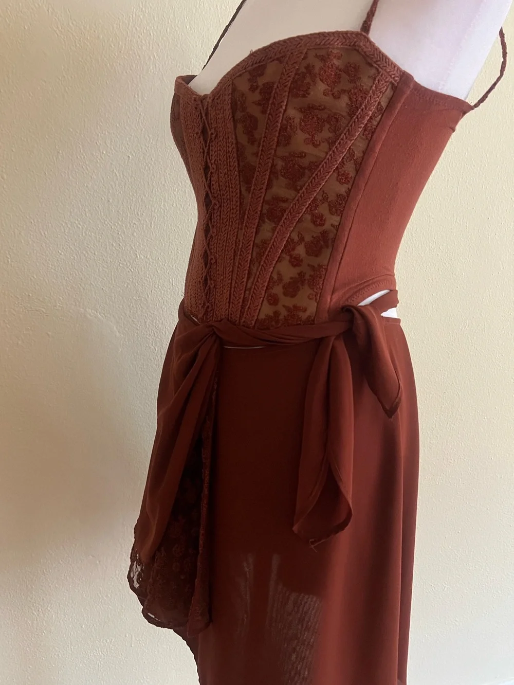 Ritmo di Perla Italy 2PC Set Brown Lace Corset Mini Skirt Size 42 Vintage - Picture 5 of 12